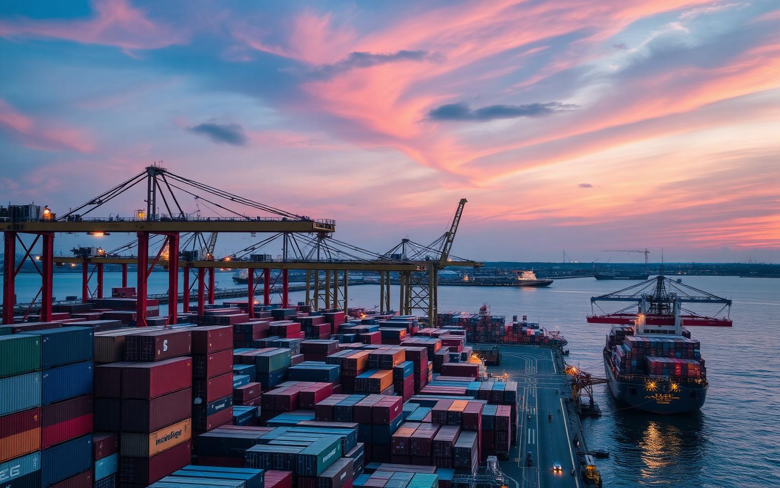 Port de conteneurs au crépuscule